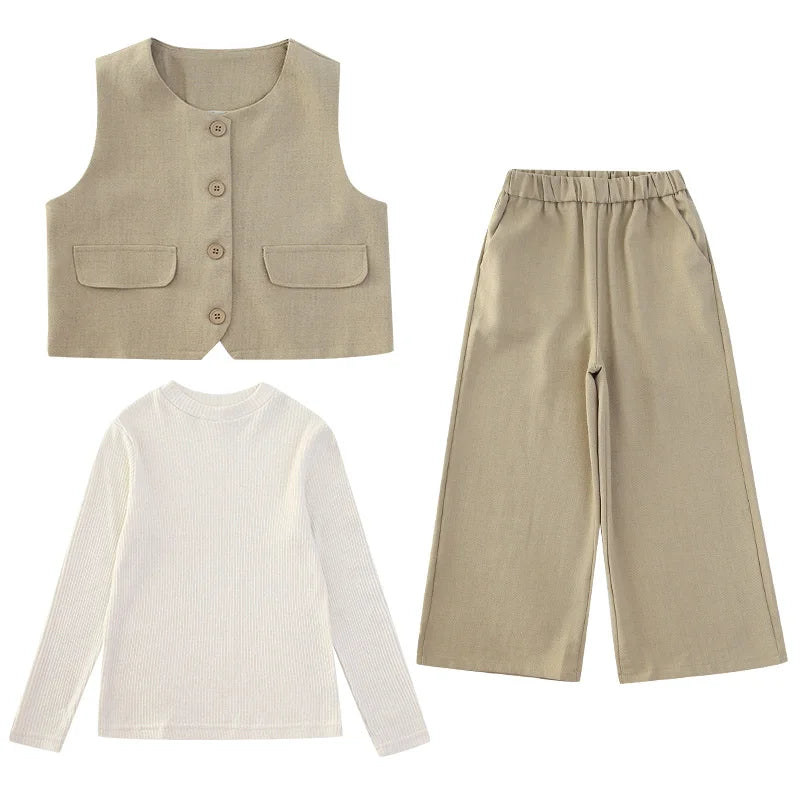 Design junior girls clothes set Round neck vest+cotton t-shirt+Wide leg pants 3pcs teenage kids clothing suit chidren outfits 14