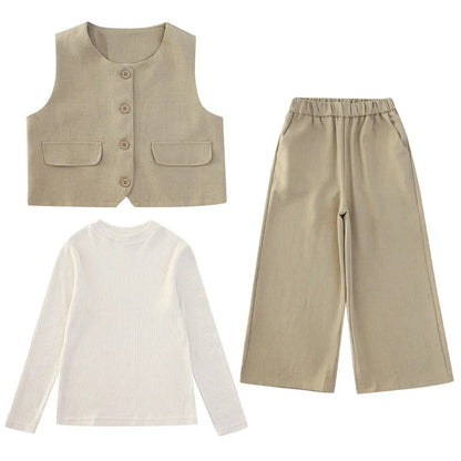 Design junior girls clothes set Round neck vest+cotton t-shirt+Wide leg pants 3pcs teenage kids clothing suit chidren outfits 14