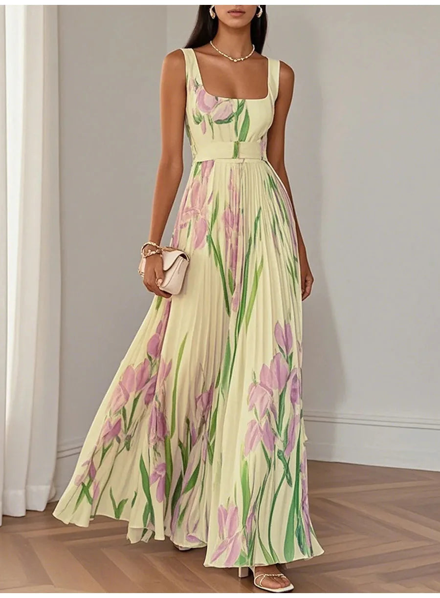 Sexy Flower Print Long Dress Women Summer 2025 Fashion Sleeveless Strap Maxi Dresses Elegant