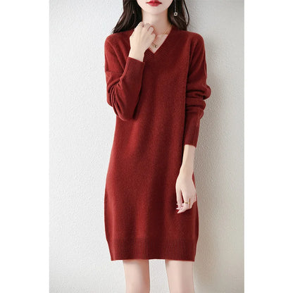 Fashion Autumn Winter Dress Women100%Merino Wool V-neck Long-sleeved Dress Women&