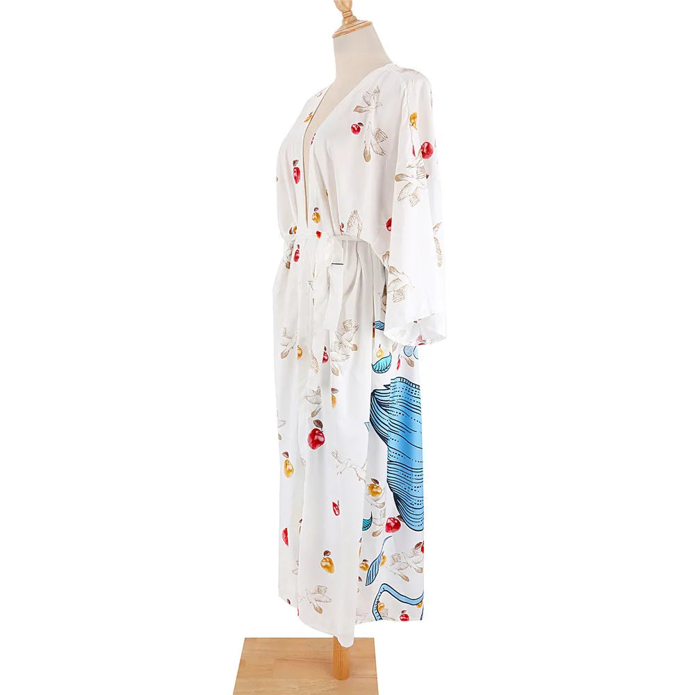 Bird Flower Print Kaftans for Woman Tunicas Femininas Beach Cover Up 2026 Summer Maxi Beach Wear Outfits Kaftan Dresses Womens