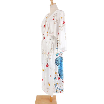Bird Flower Print Kaftans for Woman Tunicas Femininas Beach Cover Up 2026 Summer Maxi Beach Wear Outfits Kaftan Dresses Womens