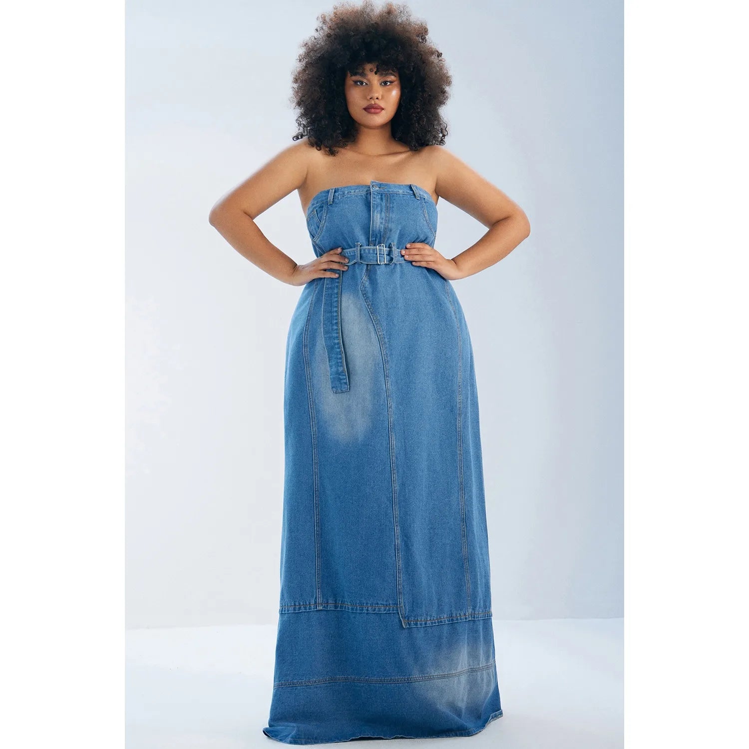 Plus Size Daily Maxi Dresses Blue Fall Winter Strapless Asymmetric Hem Denim Maxi Dresses Elegant Vintage Casual Summer Dress