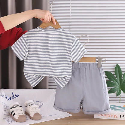 Kids Baby Boys Summer Clothes Sets Infant Kids Cotton Striped T-shirt + Denim Shorts 2Pcs Suit Children&