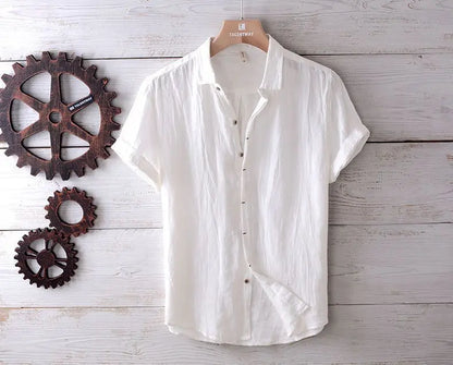Linen Short Sleeved Shirt for Men, Trendy Japanese Retro Solid Color Summer Thin Casual Loose Cool Shirt Top