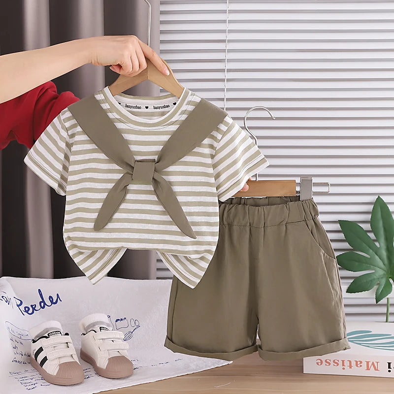 Kids Baby Boys Summer Clothes Sets Infant Kids Cotton Striped T-shirt + Denim Shorts 2Pcs Suit Children&