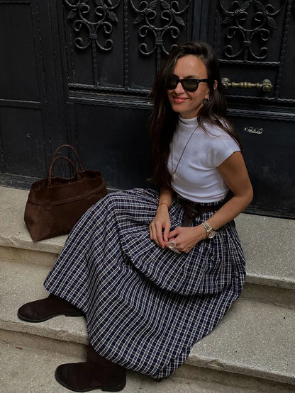 HH Woman Fashion Street Style Skirt Women Fashion Belted Plaid Midi Skirt Zipper Casual Long Skirt High Waist Chic Pleated Skirt