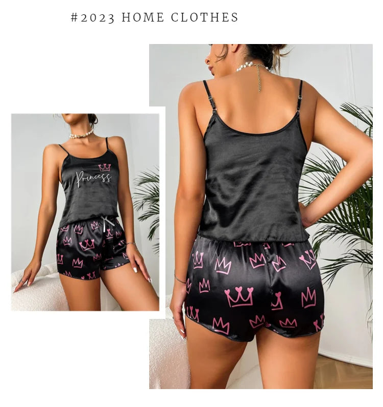 Pajamas Womens Sexy Lingerie Satin Sleepwear Silk Cami Shorts Set Soft Sleep Pjs 2 Piece Nightwear Print Pajamas Mujer Homewear