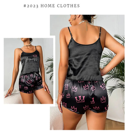 Pajamas Womens Sexy Lingerie Satin Sleepwear Silk Cami Shorts Set Soft Sleep Pjs 2 Piece Nightwear Print Pajamas Mujer Homewear