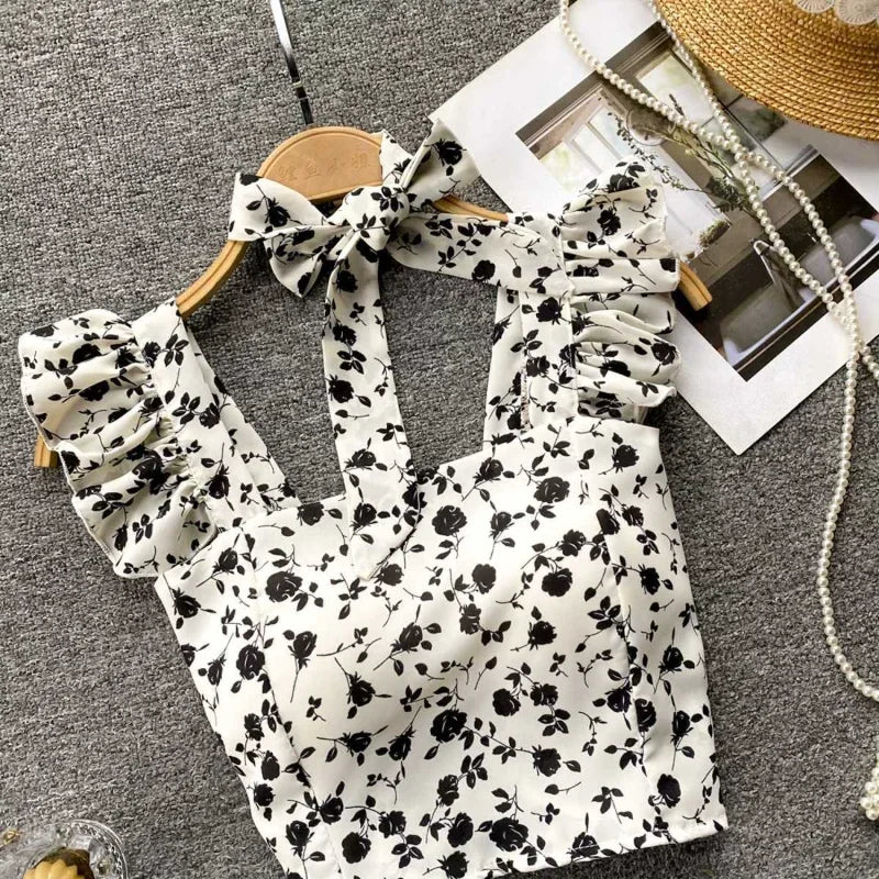 Crop Tops Camis Women Ruffles Sexy Elegant Simple Streetwear Vintage Summer Holiday Casual Young Aesthetic All-match Ulzzang New