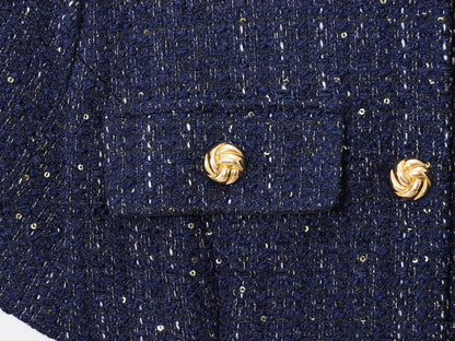 Women 2025 Fashion Blue Tweed Blazer Coat With Belt Female Short Sleeve Outerwear
