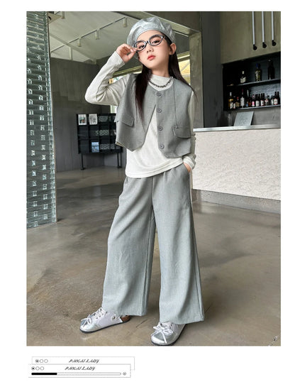 Design junior girls clothes set Round neck vest+cotton t-shirt+Wide leg pants 3pcs teenage kids clothing suit chidren outfits 14