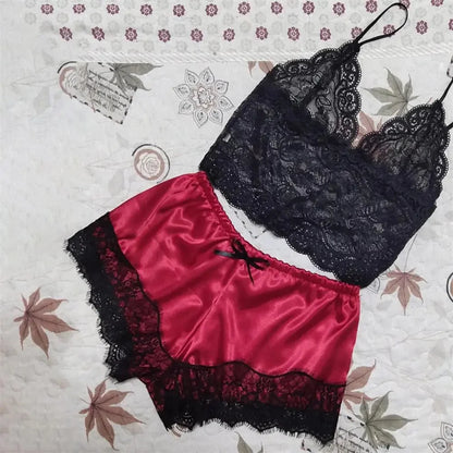 Women Pajamas Set Sexy Satin Lace Sleepwear Lingerie Ladies Elastic Suspender Shorts  Nightwear Suits Sleeveless Underwear Tops