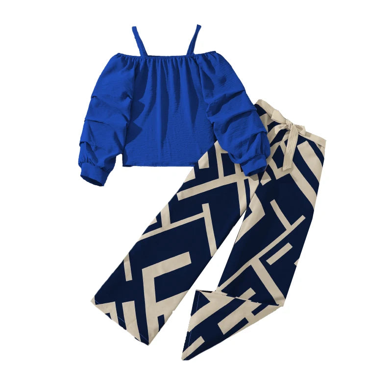 Kids Clothing Sets For Girls Khaki Off-shoulder Long sleeve Top &amp; Stripe Printing Pants Summer Resort Style Children Suits OOTD