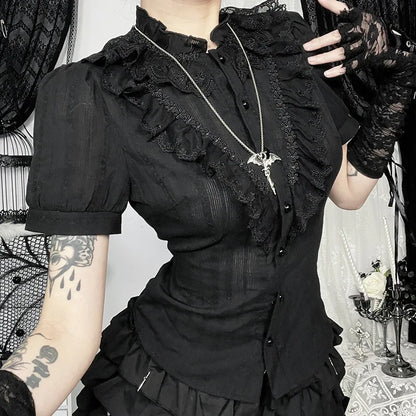 Sweet Lolita Cotton Shirts Women Vintage Gothic Black White Jacquard Short Sleeve Blouses Elegant Office Lady Y2k Tops