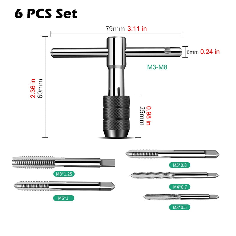 6/8 PCS Manual Tap Wrench Set HSS Right Tapping Drill Bit Thread Punching Tool External Thread Making Steel Screw Tab Hand Tools