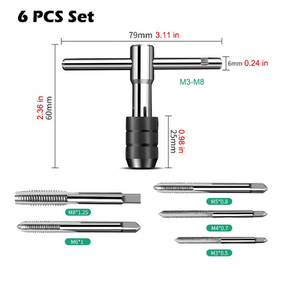 6/8 PCS Manual Tap Wrench Set HSS Right Tapping Drill Bit Thread Punching Tool External Thread Making Steel Screw Tab Hand Tools