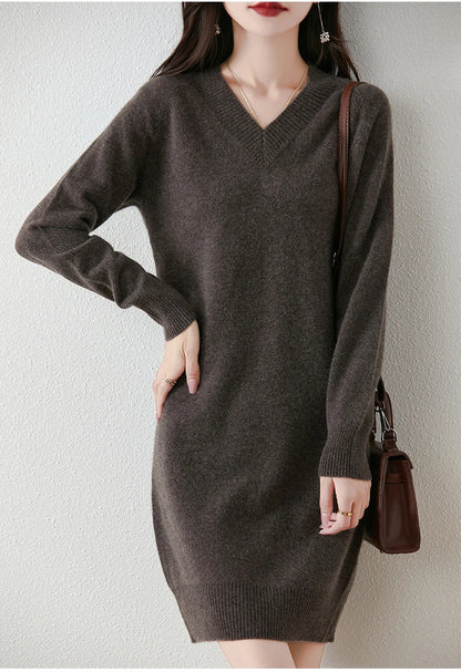 Fashion Autumn Winter Dress Women100%Merino Wool V-neck Long-sleeved Dress Women&
