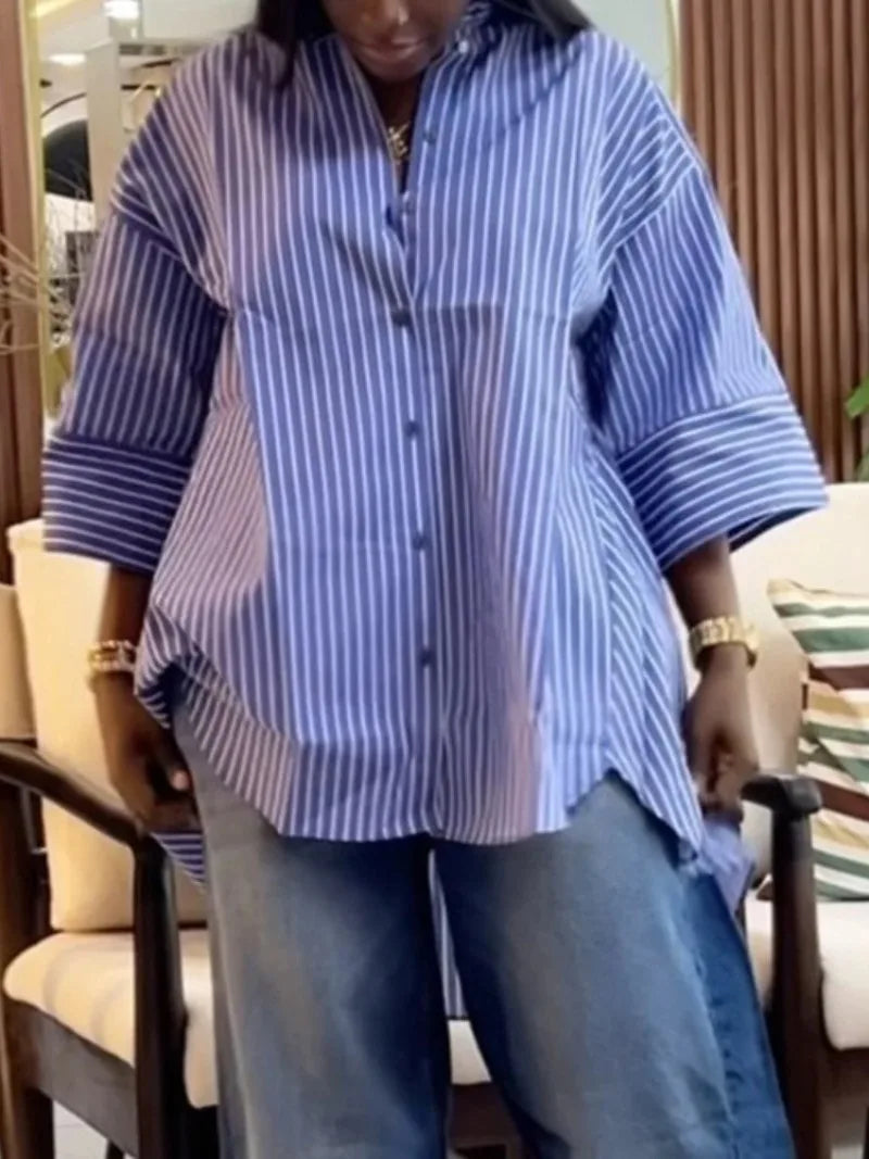 Striped Oversized Button Down Shirts for Women with Wide Three Quarter Sleeve and High Low Hem for Casual Office or Weekend Wear