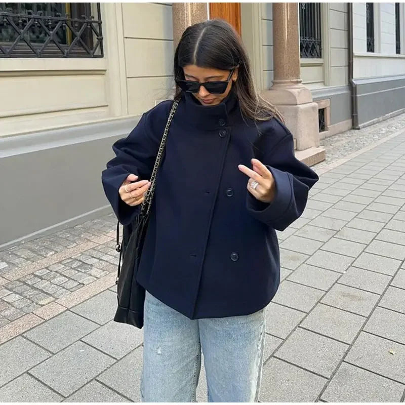 Women Fashion Stand Collar Woolen Jacket Single Breasted Long Sleeve Female Coat 2025 Autumn Chic Street Office Short Outerwears
