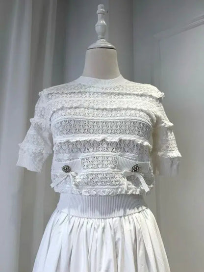 Women White Fashion Set short sleeve knit sweater tops + high waist fashion midi skirt