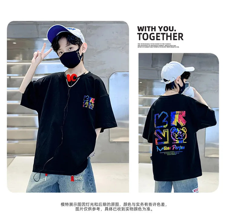 Kids Summer Clothes T-shirt for Boy Short Sleeve Cotton Tshirt Outfits Teenage Children Cartoon Print Clothing Age 5 To 14 Years