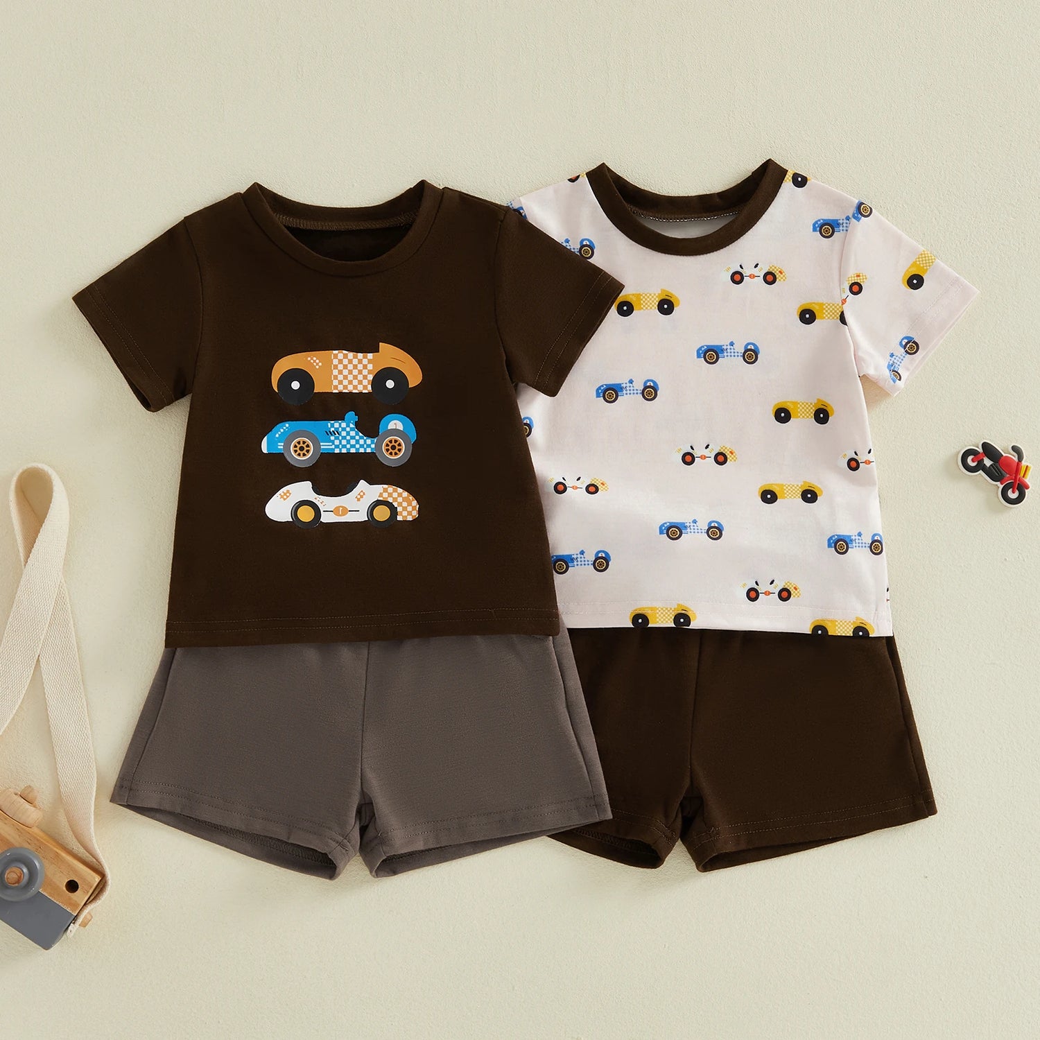 Kids Boys Summer Clothing Sets Short Sleeve O Neck Race Car Print T-shirts Tops and Solid Color Shorts Casual Tracksuits