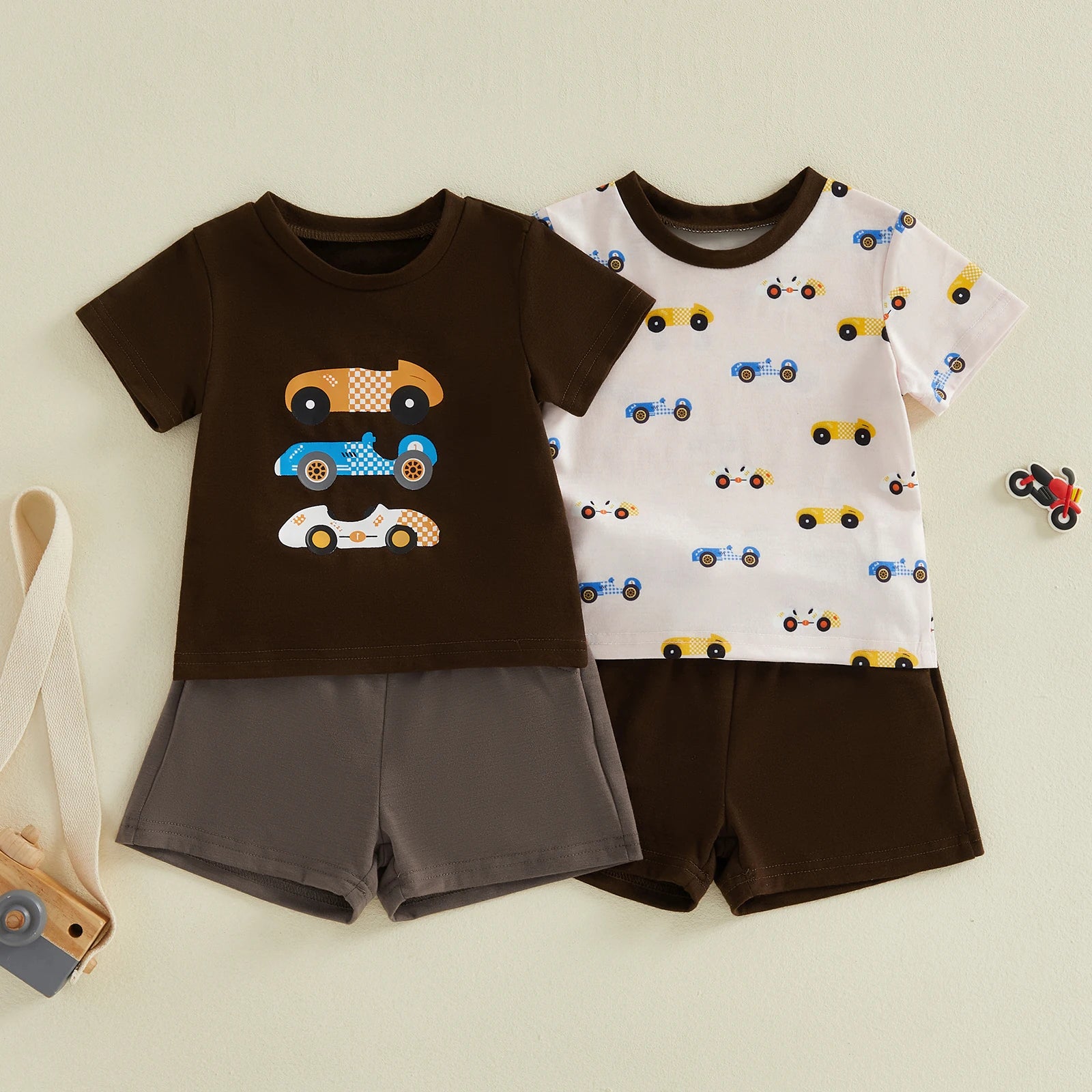 Kids Boys Summer Clothing Sets Short Sleeve O Neck Race Car Print T-shirts Tops and Solid Color Shorts Casual Tracksuits