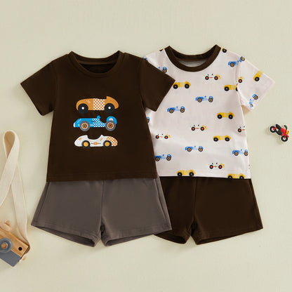 Kids Boys Summer Clothing Sets Short Sleeve O Neck Race Car Print T-shirts Tops and Solid Color Shorts Casual Tracksuits