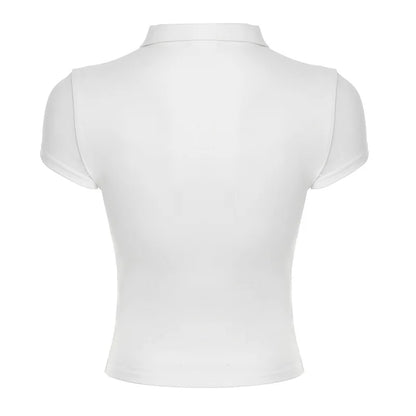 Turn-down Collar T Shirts For Women Streetwear Short Sleeve Crop Top Y2k Clothes Buttons Tshirt Solid Camisetas Slim Ropa Mujer
