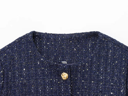 Women 2025 Fashion Blue Tweed Blazer Coat With Belt Female Short Sleeve Outerwear