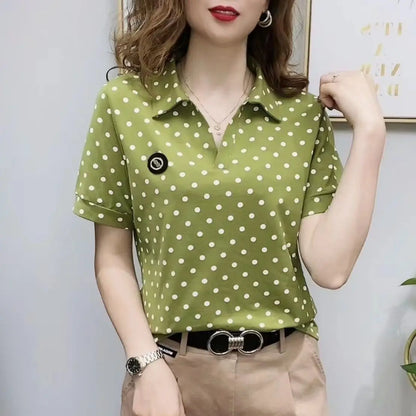 Polo Neck Shirts for Women Short Sleeve Tee T-shirt Woman Flower Clothing Aesthetic with Collar Tops Youth Luxury Sale V Cute