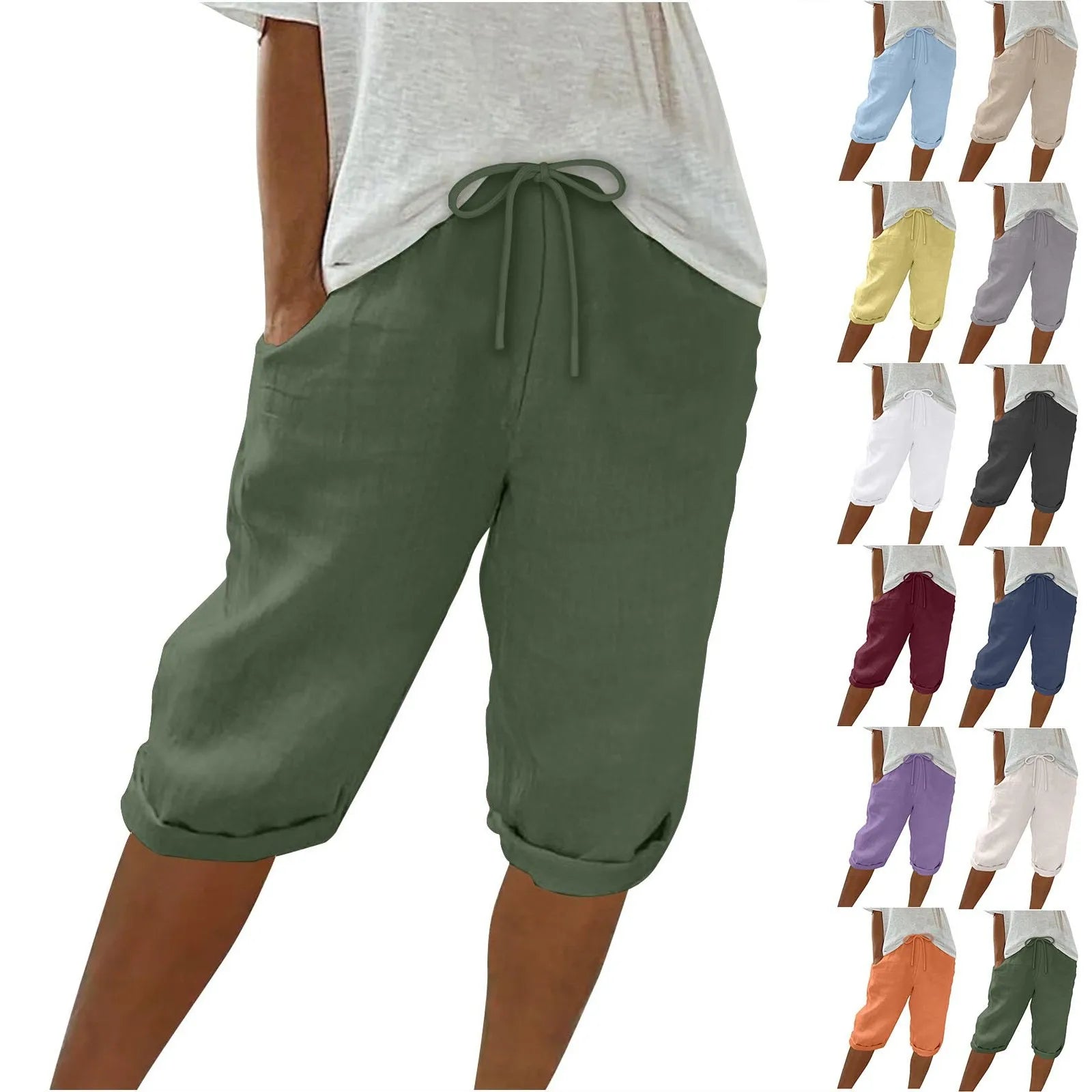 Casual Cotton Linen Pants For Female Streetwear Solid Color Wide Leg Capri Versatile Palazzo Pants Baggy Cargo Pants With Pocket