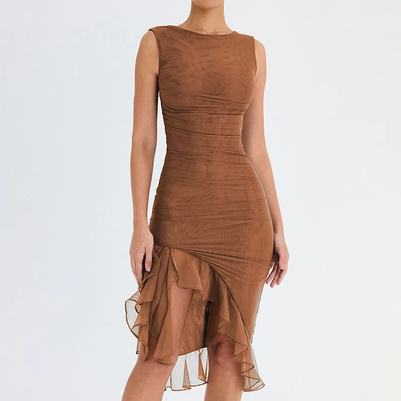 2025 Spring And Summer Sleeveless Dresses Women New Fashion Mesh Tight Solid Color Elegant Temperament Irregular Hem Vestidos