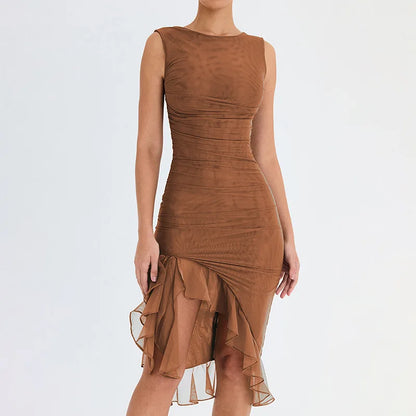 2025 Spring And Summer Sleeveless Dresses Women New Fashion Mesh Tight Solid Color Elegant Temperament Irregular Hem Vestidos