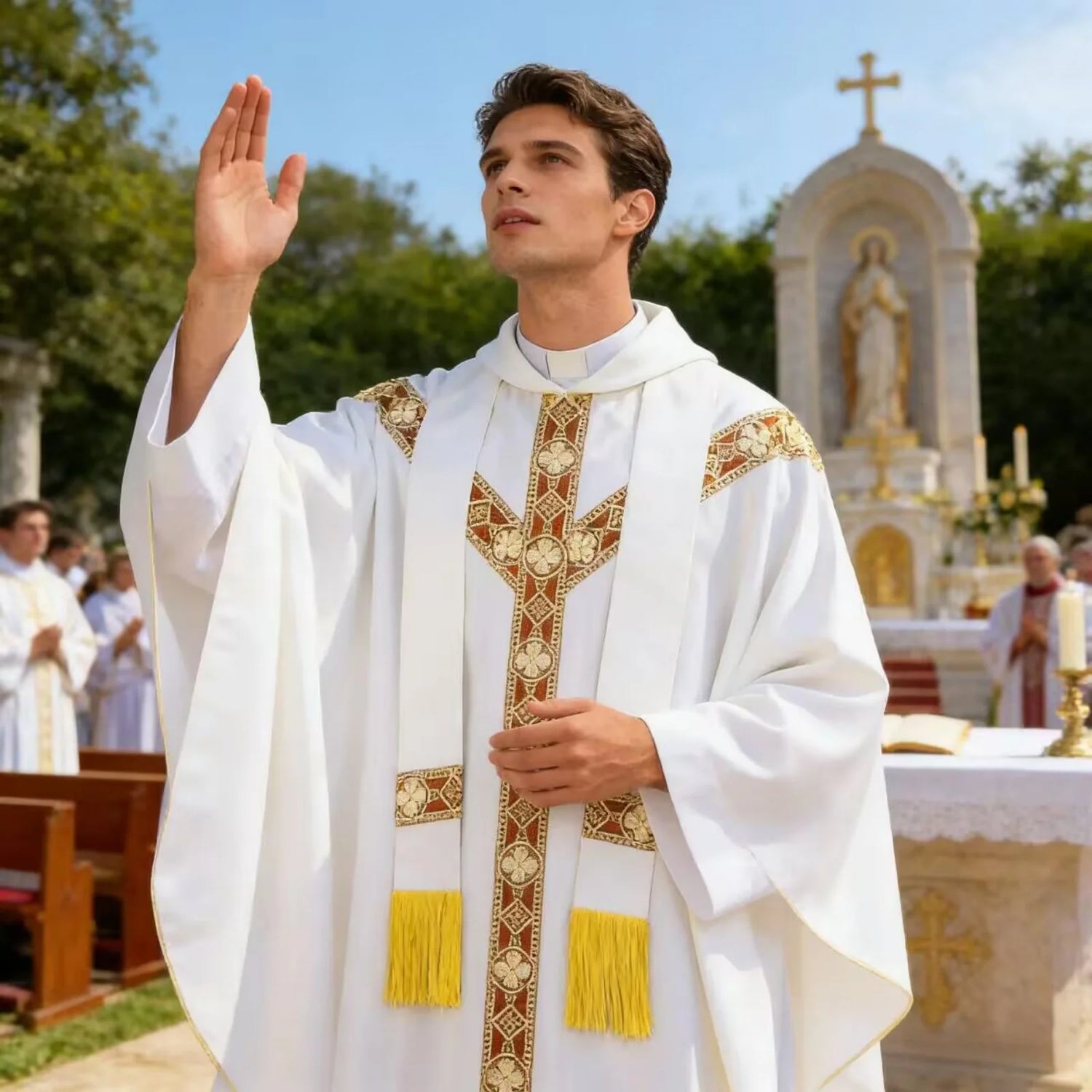 Men Catholic Church Priest Chasuble Embroidered Liturgical Robe Clergy Robe For Mass Prayer Costume Medieval Muslim Costume