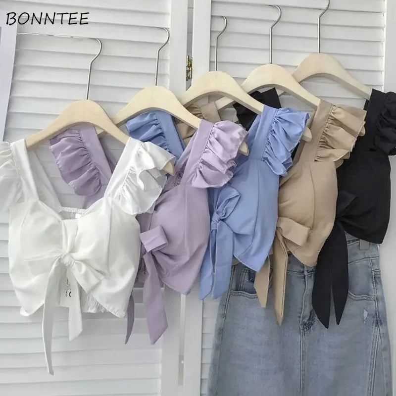 Crop Tops Camis Women Ruffles Sexy Elegant Simple Streetwear Vintage Summer Holiday Casual Young Aesthetic All-match Ulzzang New