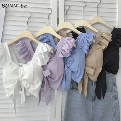 Crop Tops Camis Women Ruffles Sexy Elegant Simple Streetwear Vintage Summer Holiday Casual Young Aesthetic All-match Ulzzang New