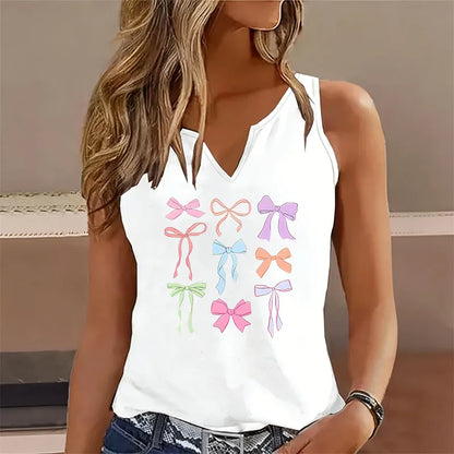 Sleeveless Tank Top T-shirt V Neck Casual Fashion Y2k Colorful Bow Printed Vest T Shirts Women Short Sleeve Tee Shirt V-Neck