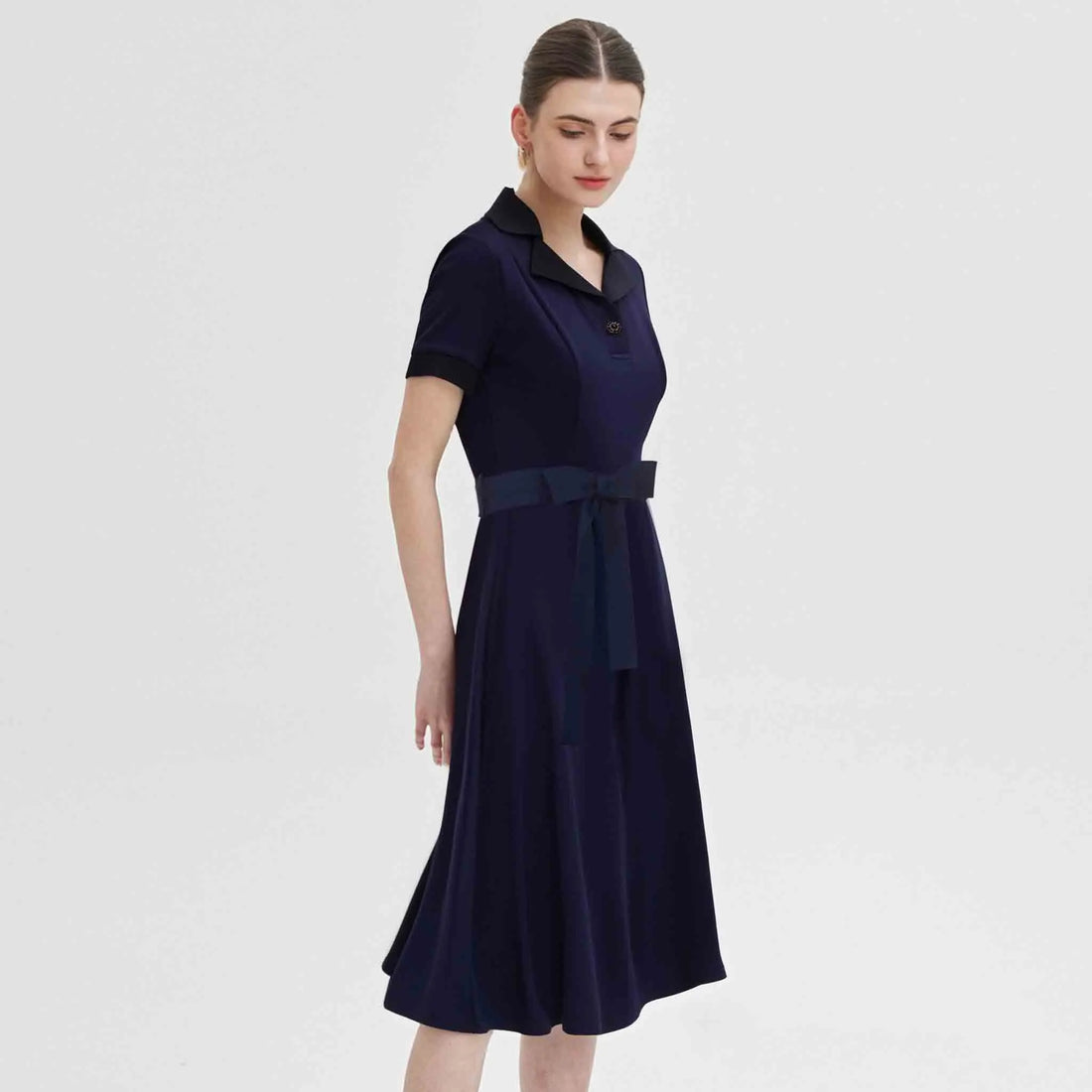 Fashion Women Shirt Dress Elegant High Waisted V Neck Short Sleeve Bow Belt Office Ladies Dresses 2025 Summer Solid Dress