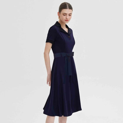 Fashion Women Shirt Dress Elegant High Waisted V Neck Short Sleeve Bow Belt Office Ladies Dresses 2025 Summer Solid Dress