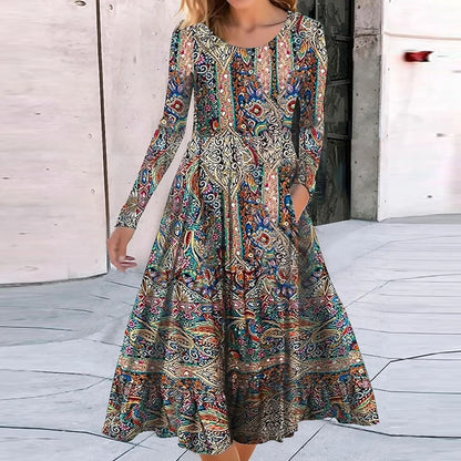Fashion Bohemian Dresses For Women O Neck Long Sleeve Vintage Print Maxi Long Dress Women Elegant Autumn Dress