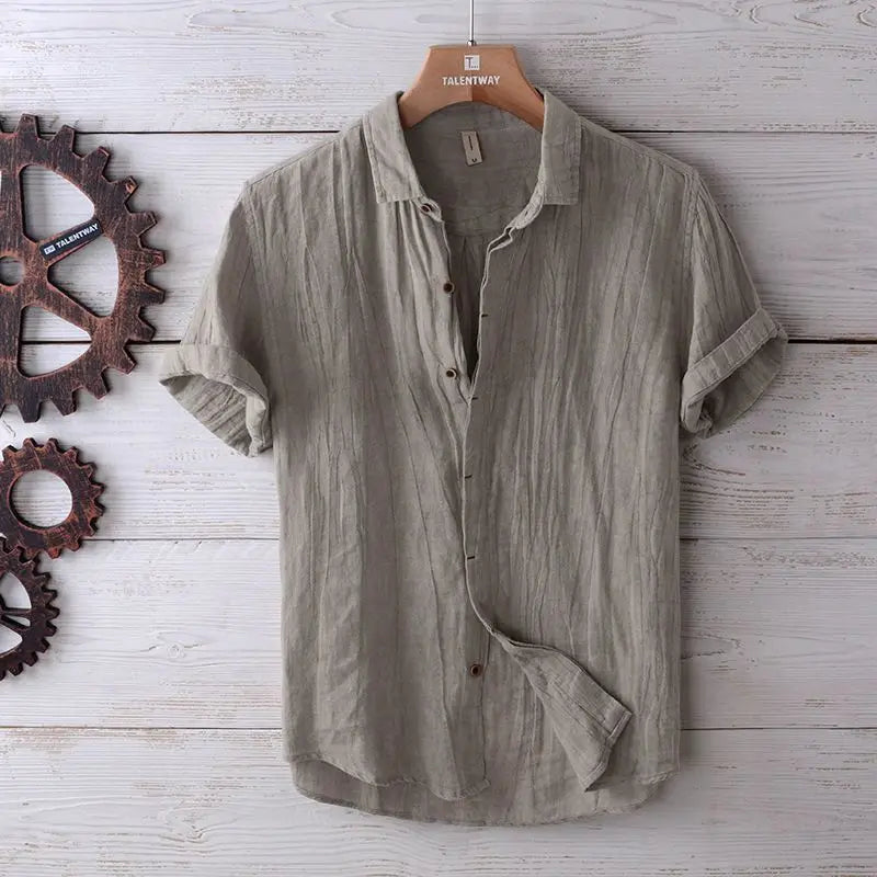 Linen Short Sleeved Shirt for Men, Trendy Japanese Retro Solid Color Summer Thin Casual Loose Cool Shirt Top