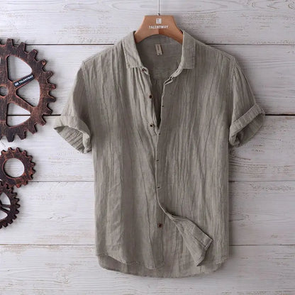 Linen Short Sleeved Shirt for Men, Trendy Japanese Retro Solid Color Summer Thin Casual Loose Cool Shirt Top
