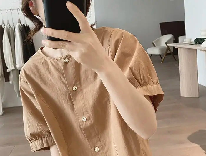 Women Round Neck Blouse Short Sleeve Button Down Loose Casual Solid Color Summer Shirt