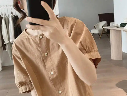 Women Round Neck Blouse Short Sleeve Button Down Loose Casual Solid Color Summer Shirt