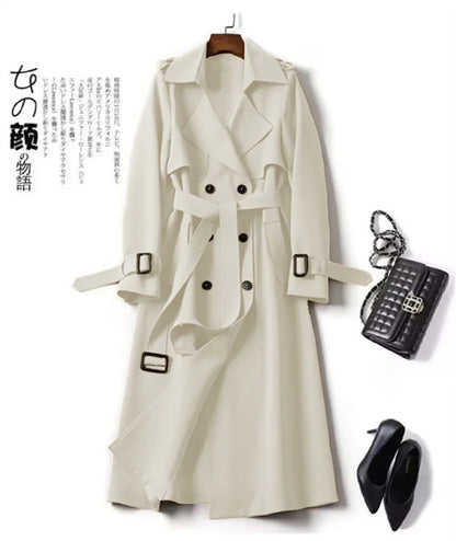 Elegant Women  Fashion British Jackets Autumn Winter Widebreaker Streetwear Midi Coats Casual Office Lady Button Slim Chic Coat