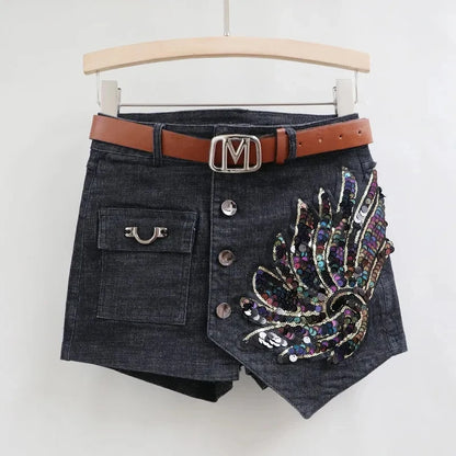 Fashion Sequin Denim Short Skirt Women Spring/Summer 2025 New Korean High Waist Slim Irregular Sexy Hot Pants White Black Casual