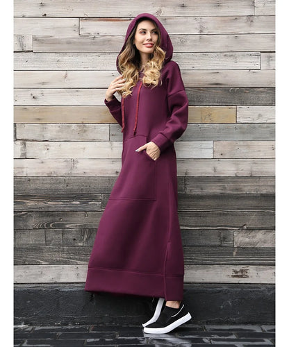 Hoodies Dress For Women Fashion 2025 Hem Lace-up Midi Robe Hooded Long Dress Autumn Winter Warm Casual Loose Sweatshirt Vestidos