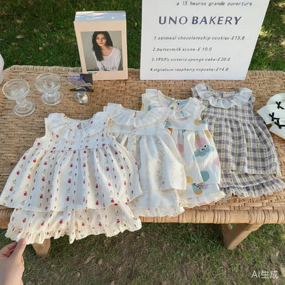 Two-Piece Set  Sleeveless Princess Dress with Floral Print, Summer Thin Outfit for Baby Girls Baby Girl Cute Floral Skirt